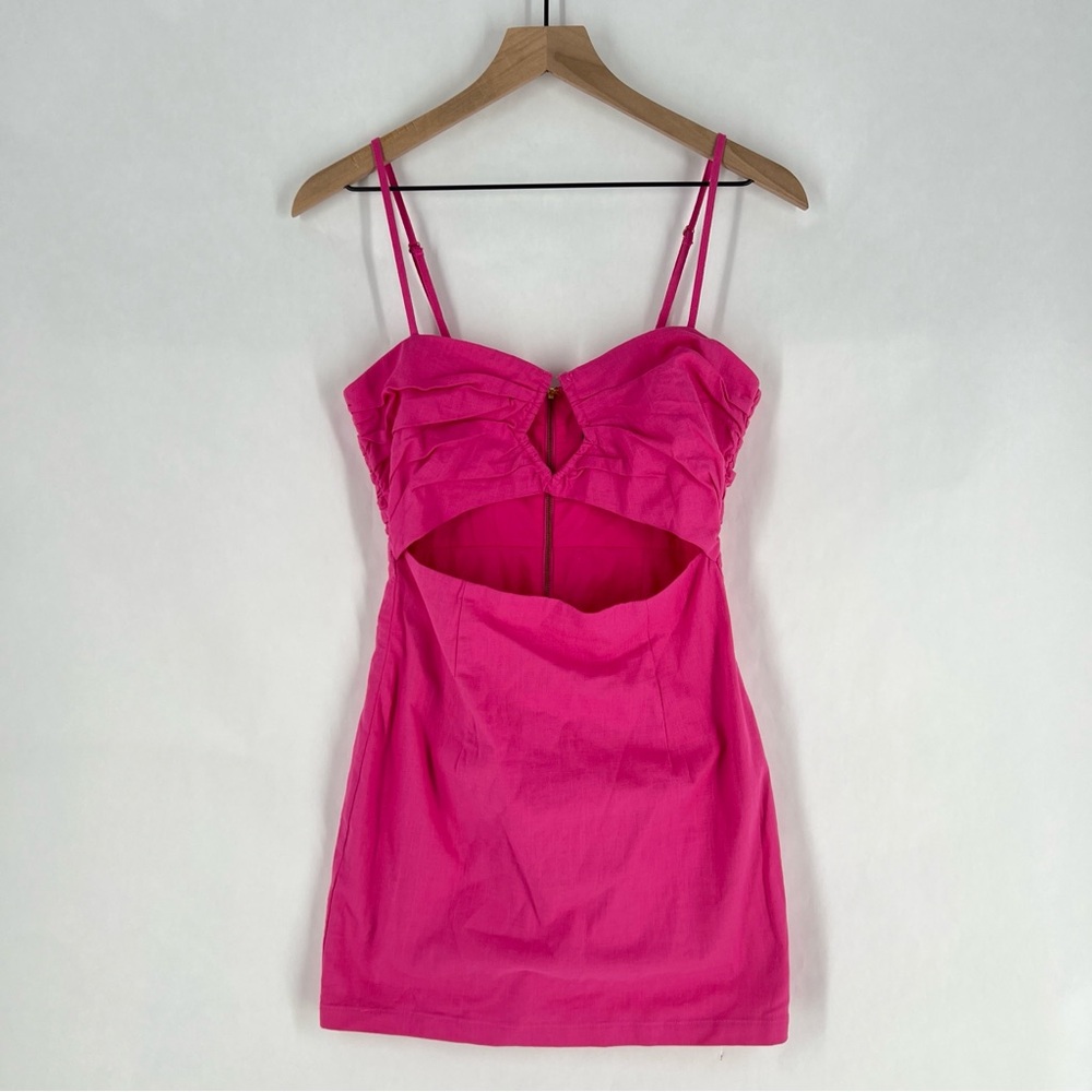 Runaway Pink Stretch Cotton Cutout Waist Sweetheart Spaghetti Strap Mini Dress 4
